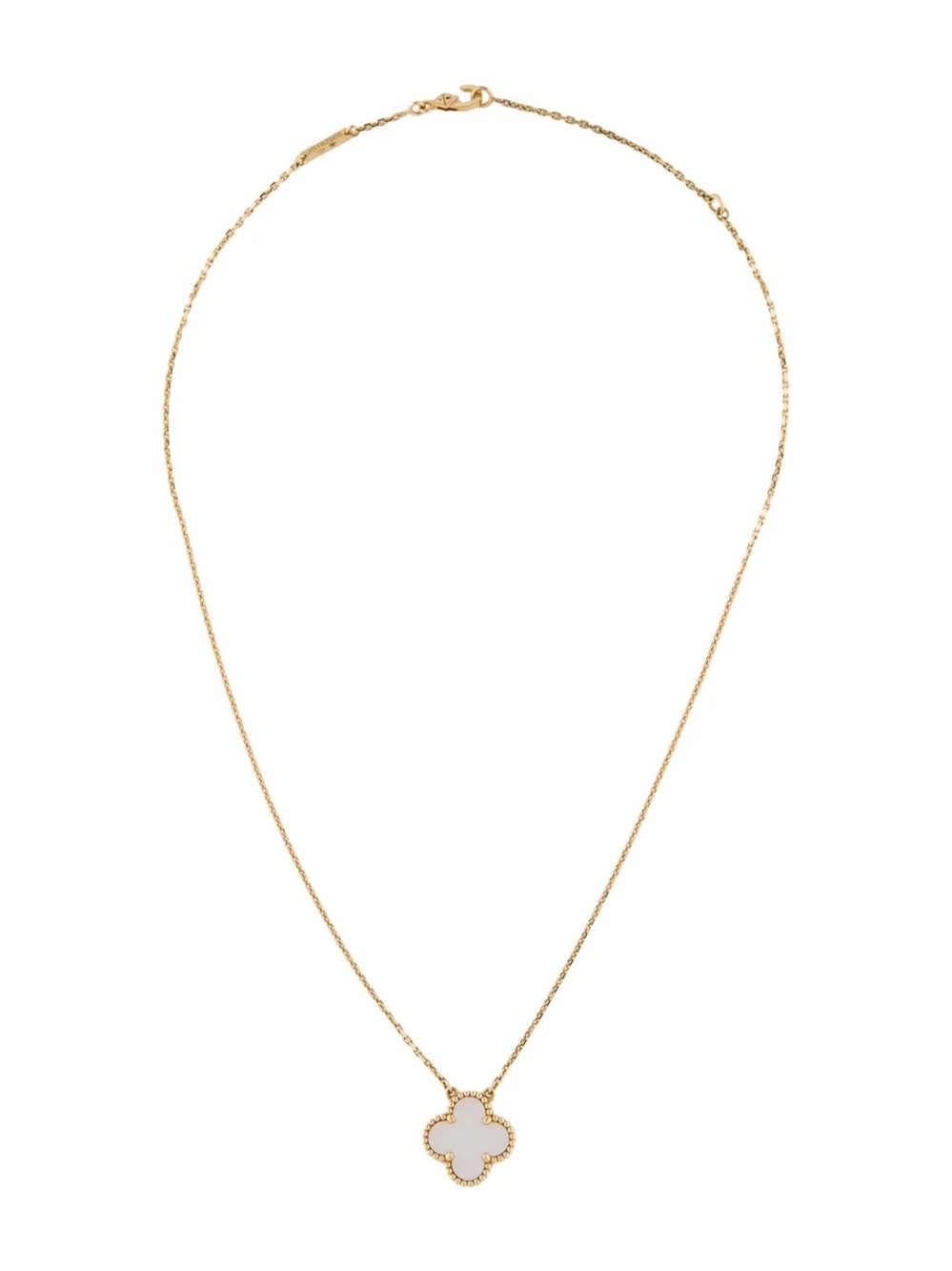 Van Cleef & Arpels Gold Necklace with White Alhambra Clover Pendant